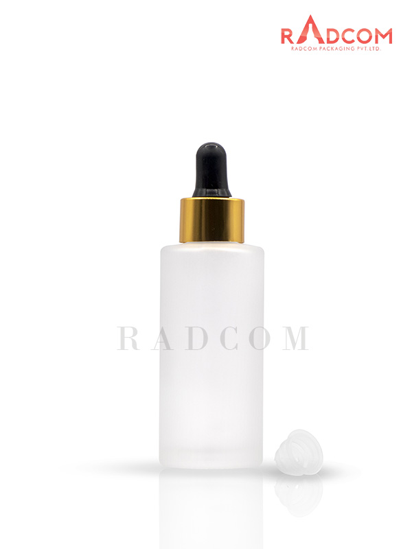 65ML Clear Frosted Lotion Glass Bottle With 20mm Golden Dropper Set with Black Teat and Wiper